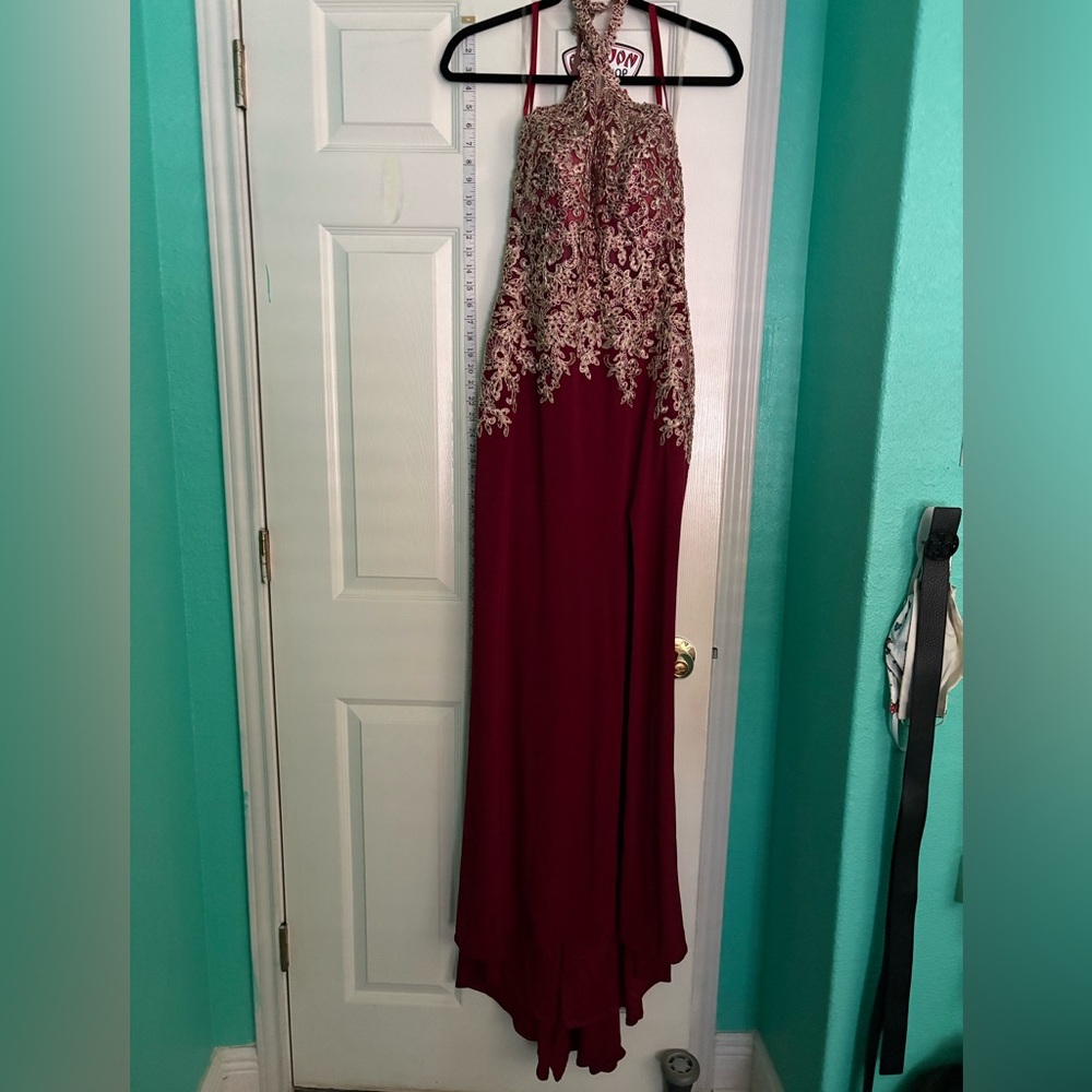 Mori Lee Maroon and Gold Halter Gown